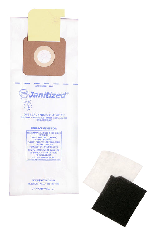 Janitized Paper Bag Cleanmax Standard &amp; Pro-Series Micro Filter – Fits Cleanmax, Carpet Pro, Fuller, Tornado, Tennant, Panasonic U, U3 – Master Case 10 x (10 Pack)